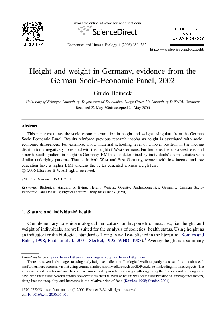 Height and weight in Germany, evidence from the German Socio-Economic Panel, 2002