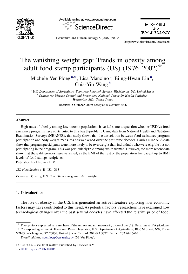 The vanishing weight gap: Trends in obesity among adult food stamp participants (US) (1976-2002)