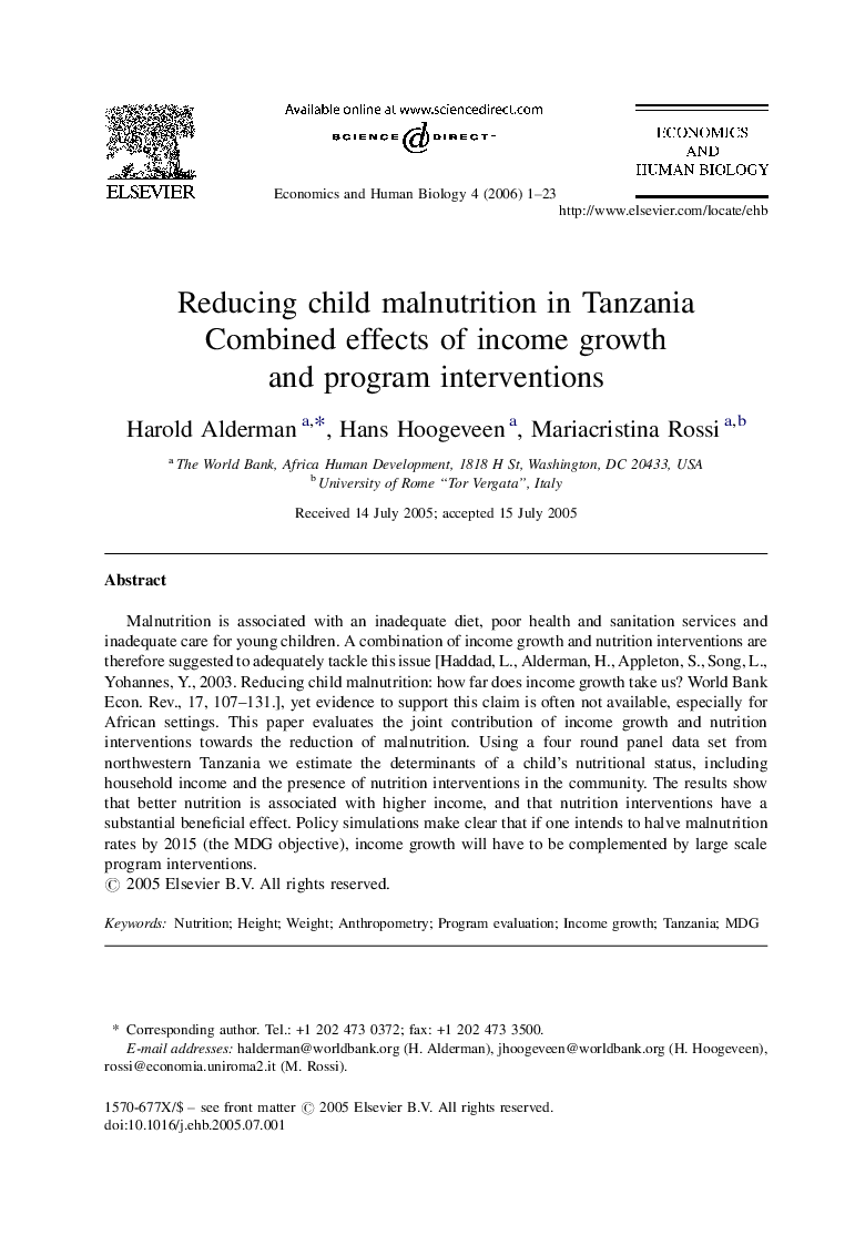 Reducing child malnutrition in Tanzania: Combined effects of income growth and program interventions