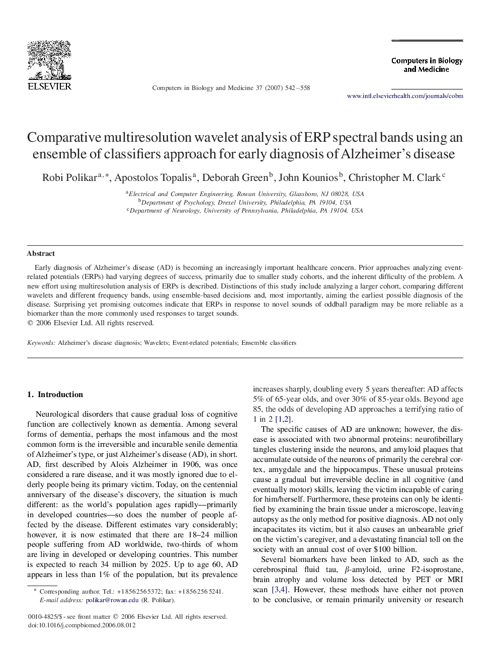 Comparative multiresolution wavelet analysis of ERP spectral bands using an ensemble of classifiers approach for early diagnosis of Alzheimer's disease