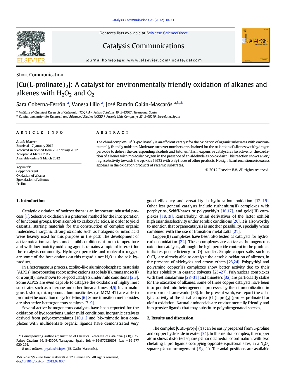 [Cu(L-prolinate)2]: A catalyst for environmentally friendly oxidation of alkanes and alkenes with H2O2 and O2