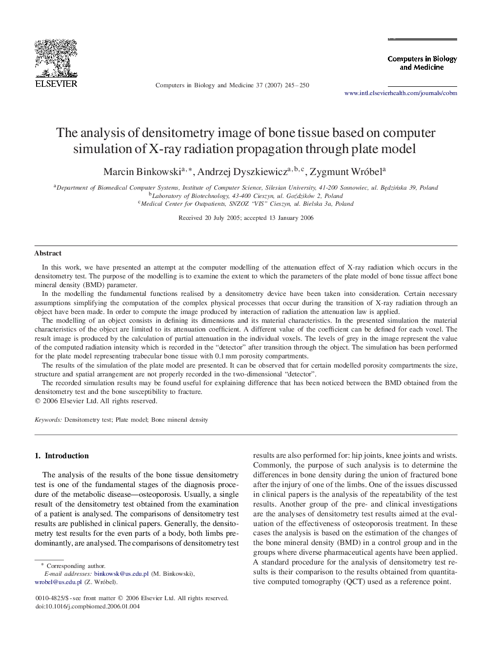 The analysis of densitometry image of bone tissue based on computer simulation of X-ray radiation propagation through plate model
