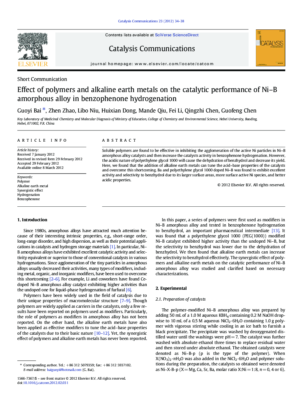 Effect of polymers and alkaline earth metals on the catalytic performance of Ni–B amorphous alloy in benzophenone hydrogenation