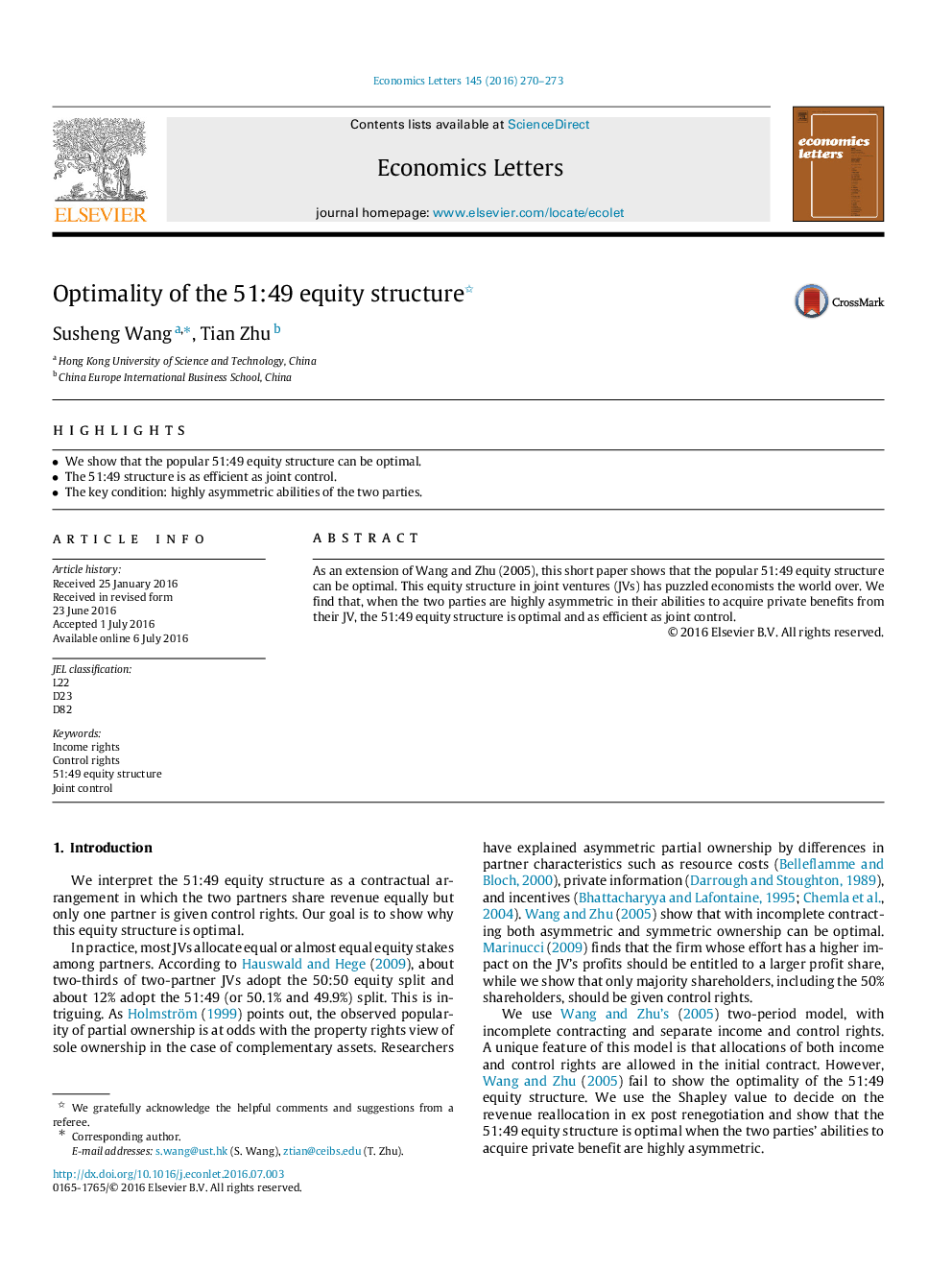 Optimality of the 51:49 equity structure