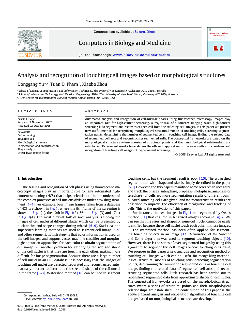 Analysis and recognition of touching cell images based on morphological structures