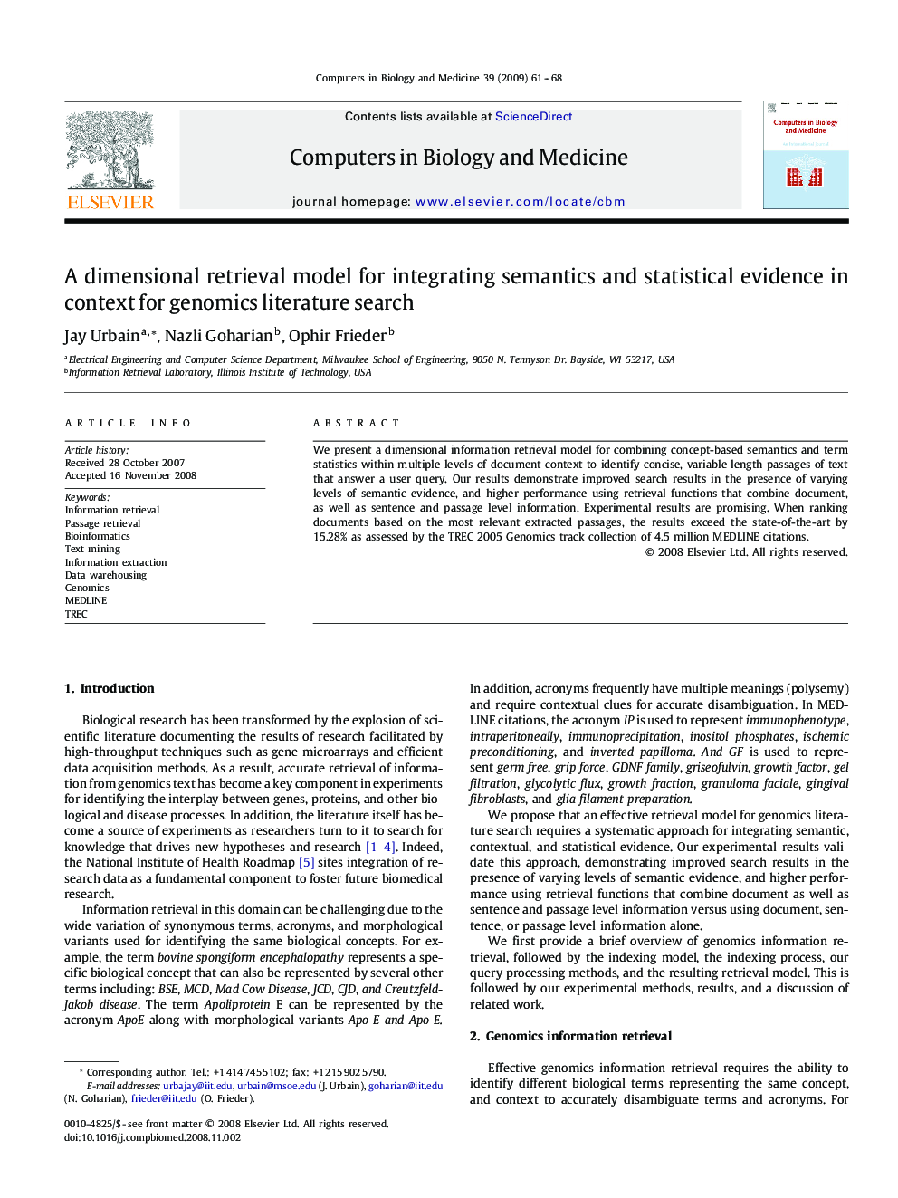 A dimensional retrieval model for integrating semantics and statistical evidence in context for genomics literature search