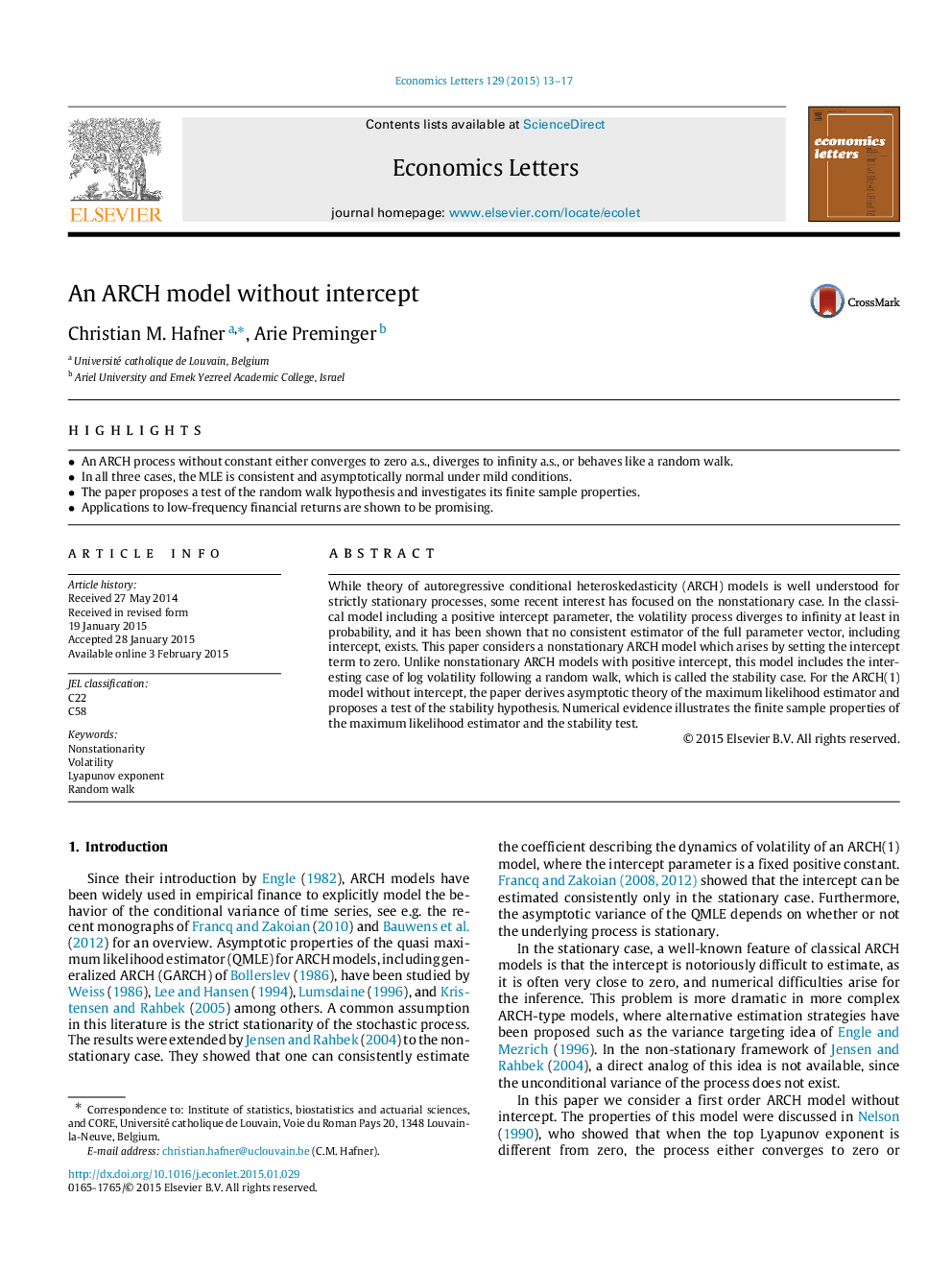 An ARCH model without intercept