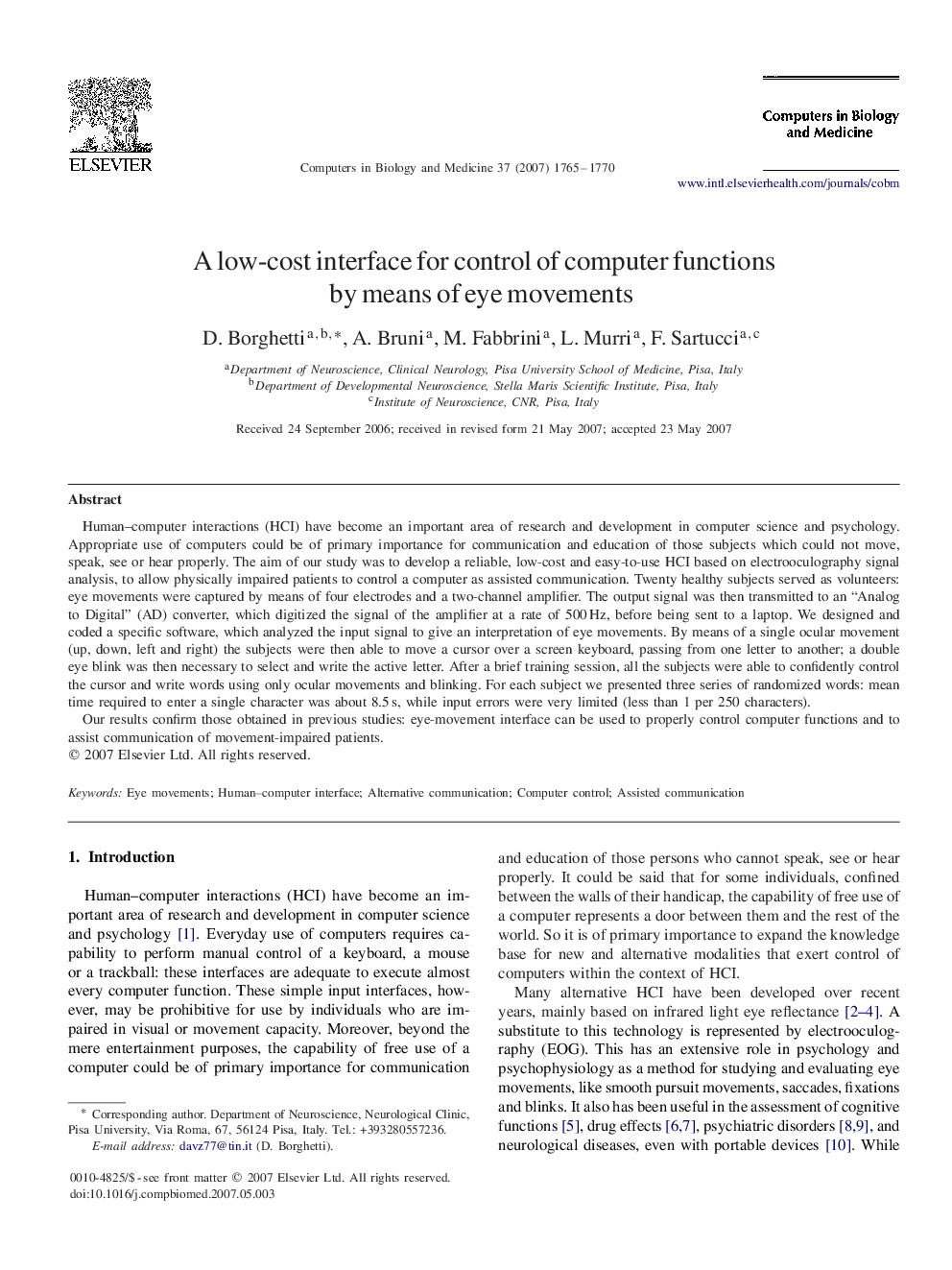 A low-cost interface for control of computer functions by means of eye movements