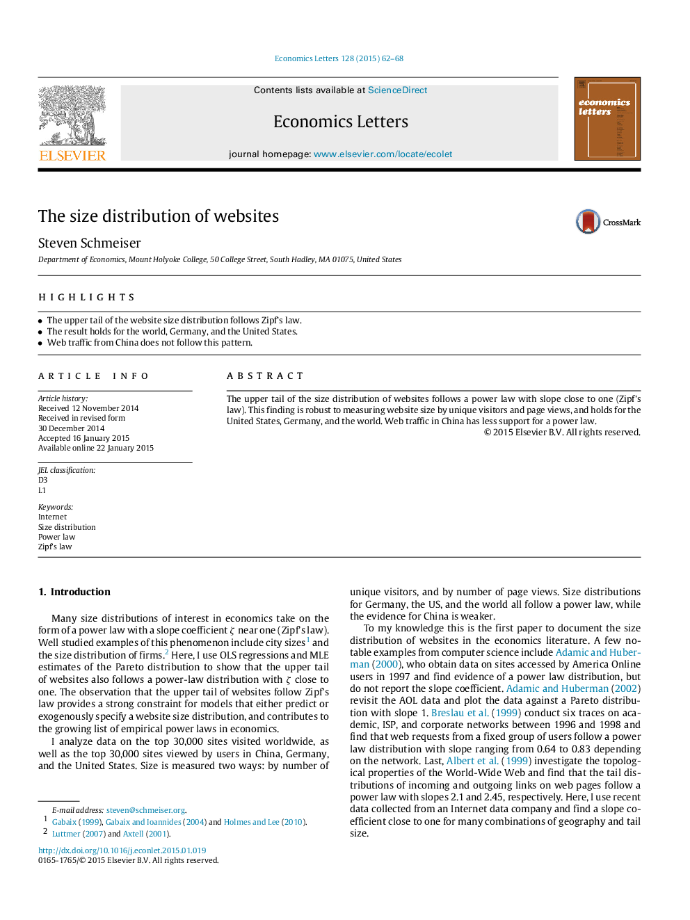 The size distribution of websites