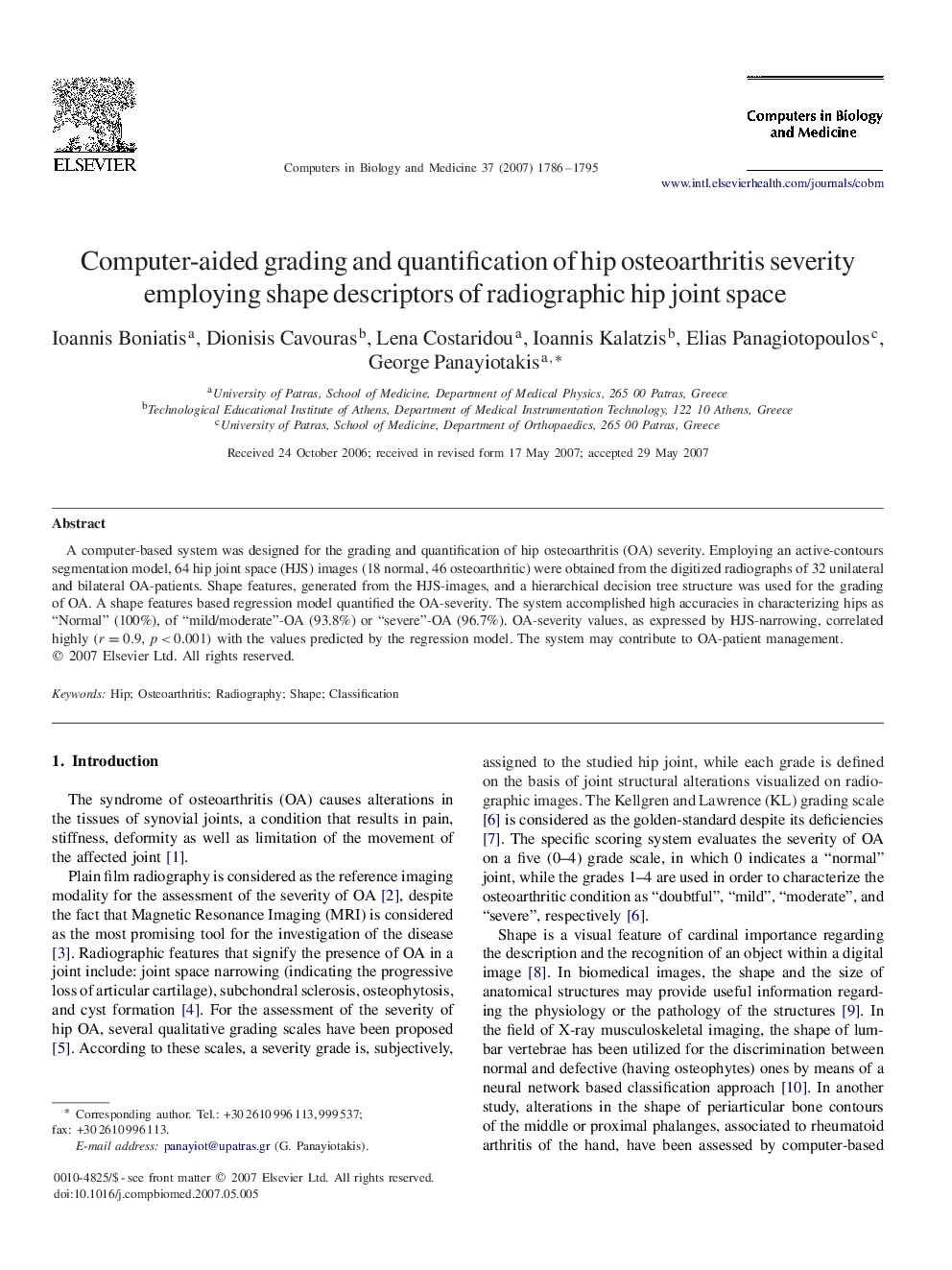 Computer-aided grading and quantification of hip osteoarthritis severity employing shape descriptors of radiographic hip joint space