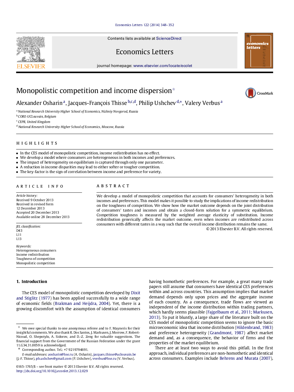 Monopolistic competition and income dispersion