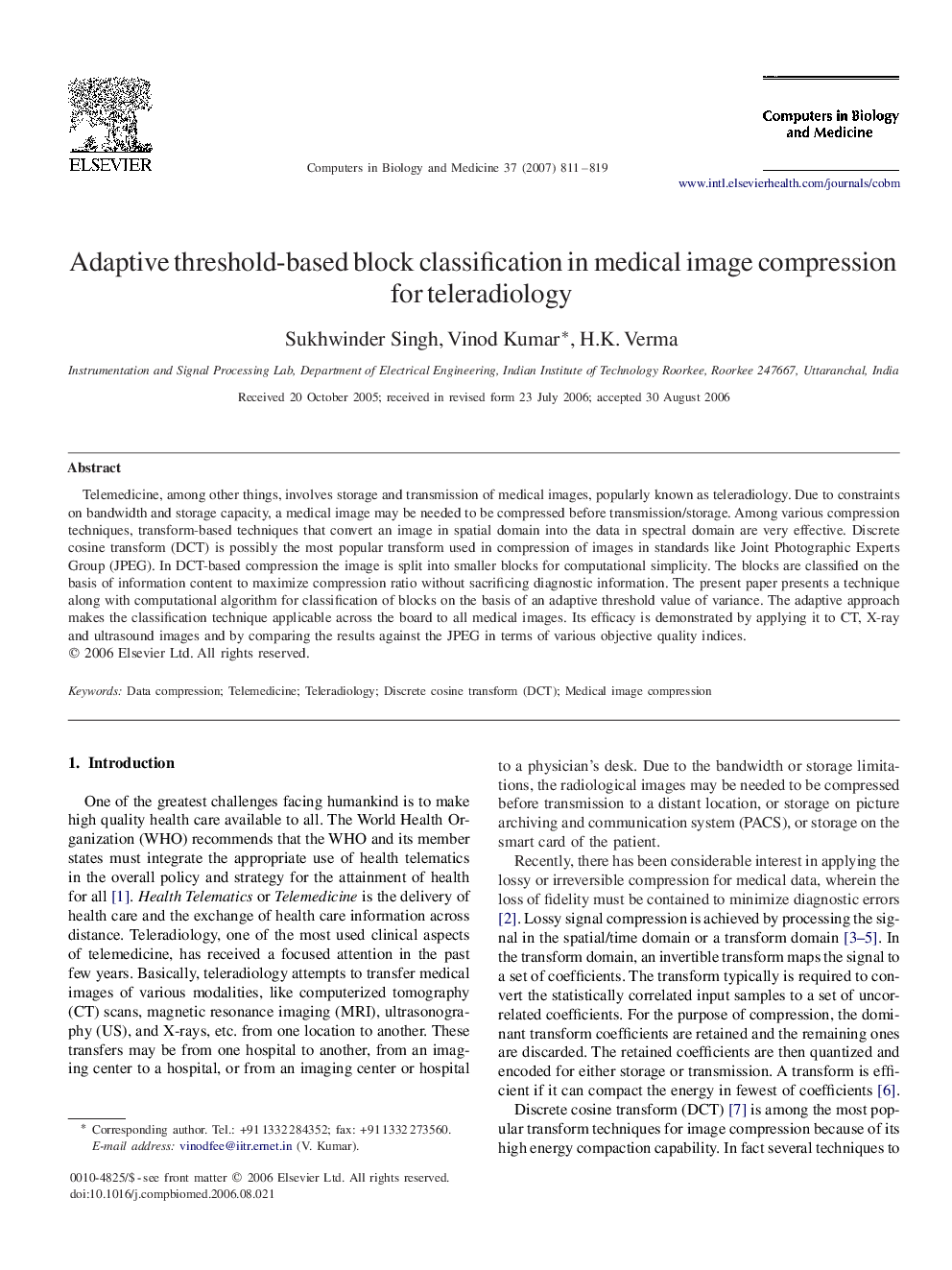 Adaptive threshold-based block classification in medical image compression for teleradiology