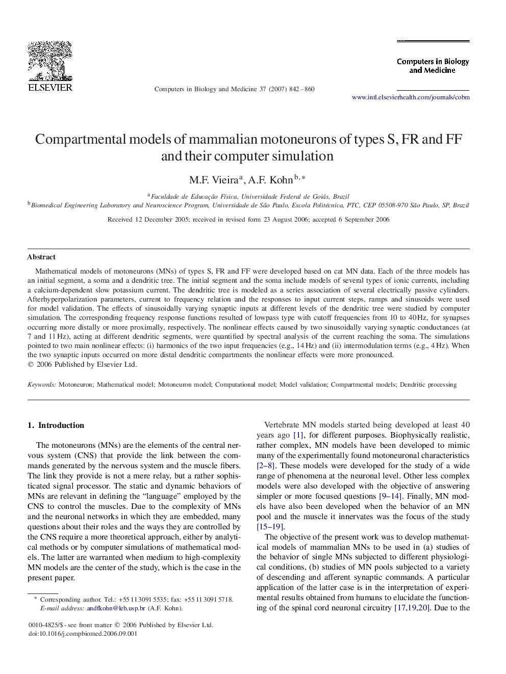 Compartmental models of mammalian motoneurons of types S, FR and FF and their computer simulation