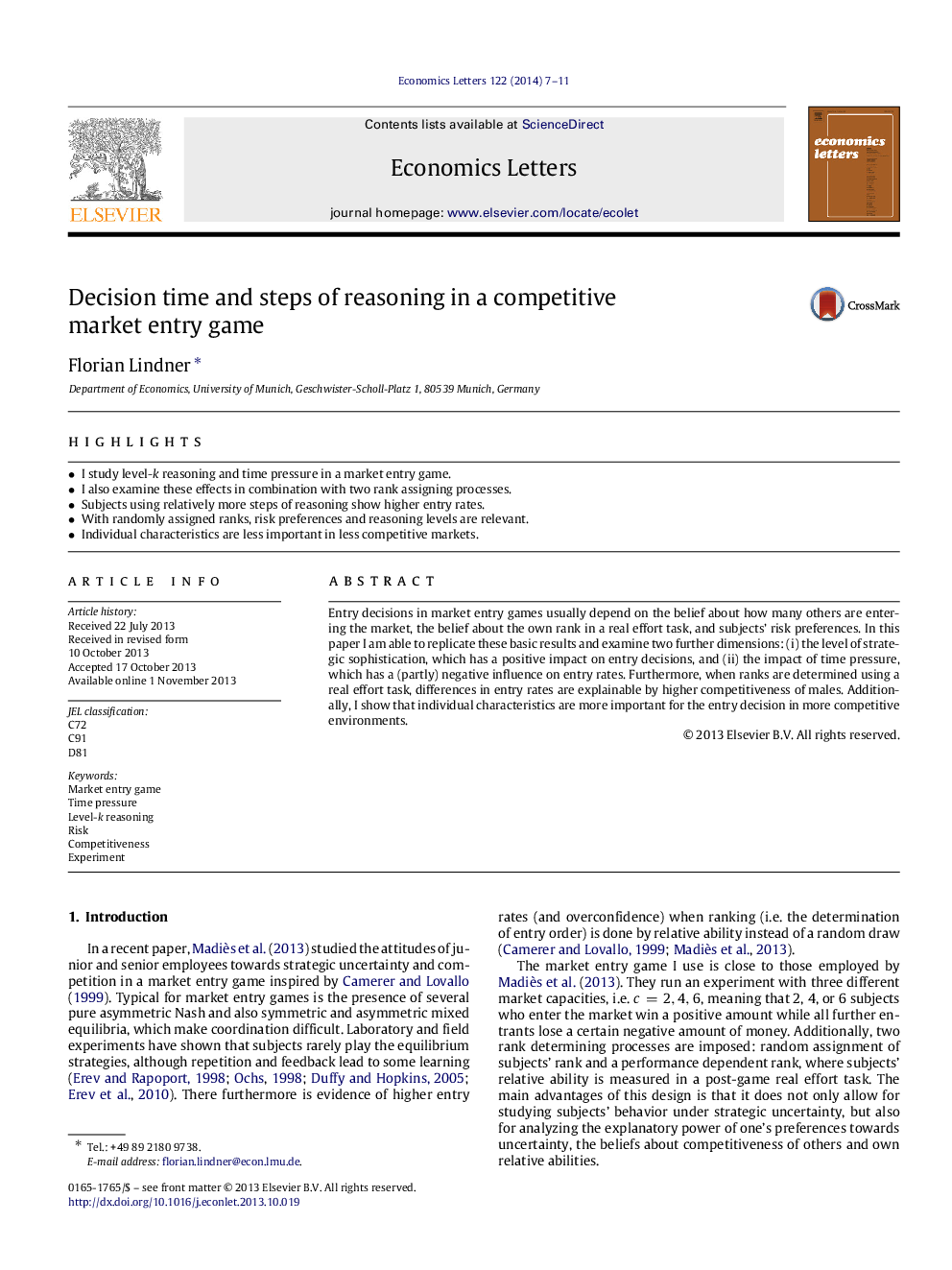 Decision time and steps of reasoning in a competitive market entry game