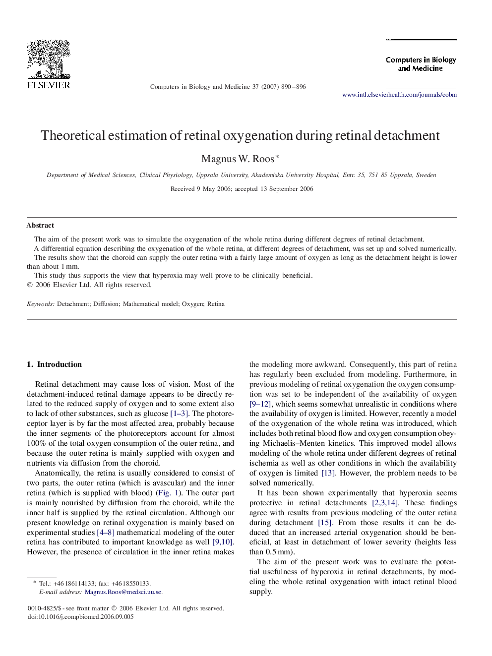 Theoretical estimation of retinal oxygenation during retinal detachment