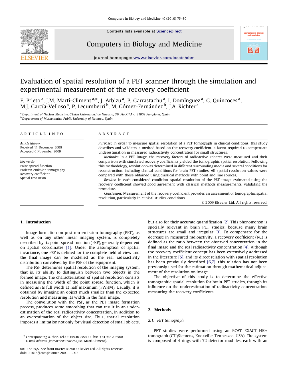 Evaluation of spatial resolution of a PET scanner through the simulation and experimental measurement of the recovery coefficient