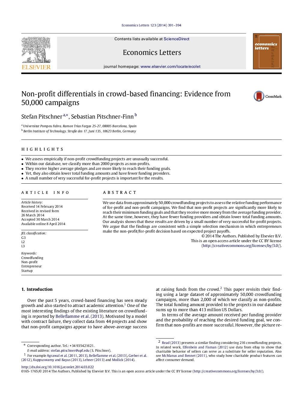 Non-profit differentials in crowd-based financing: Evidence from 50,000 campaigns