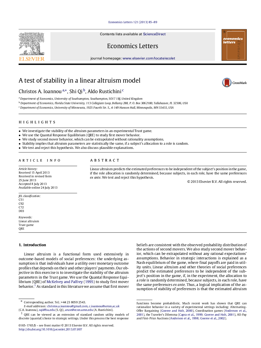 A test of stability in a linear altruism model