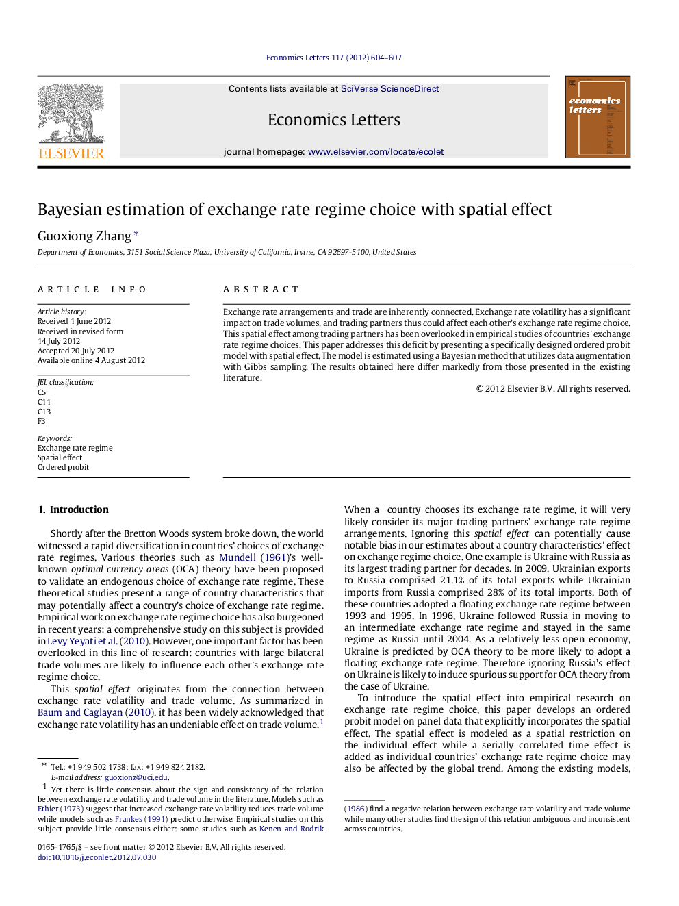 Bayesian estimation of exchange rate regime choice with spatial effect