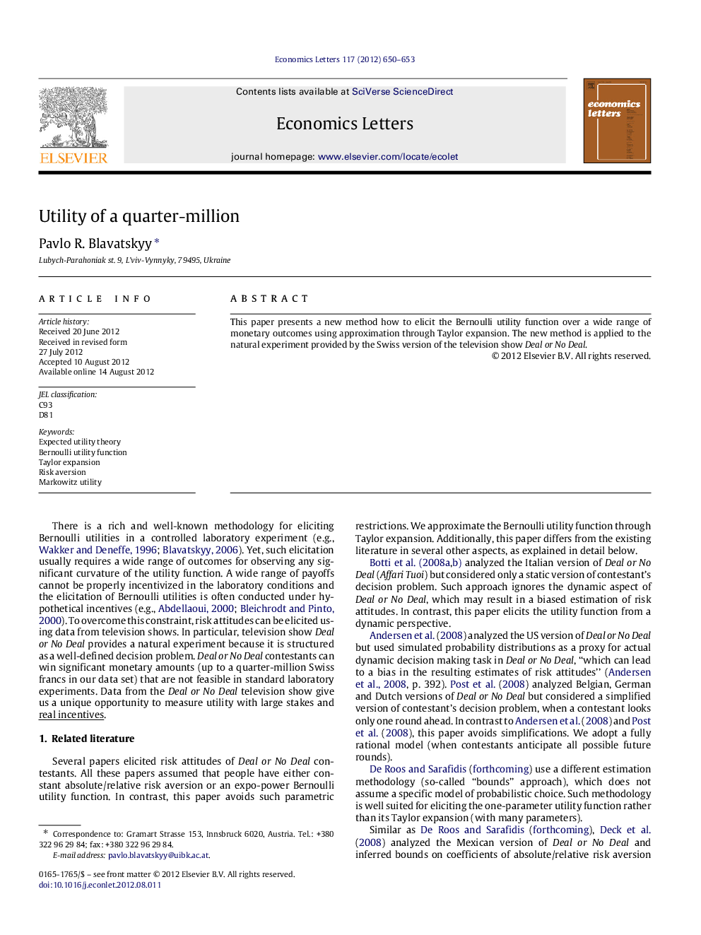 عکس صفحه اول مقاله: Utility of a quarter-million Utility of a quarter-million