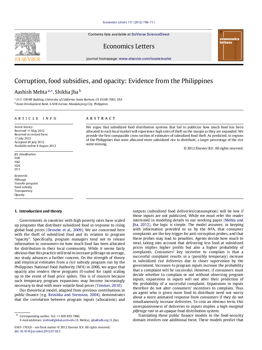 Corruption, food subsidies, and opacity: Evidence from the Philippines