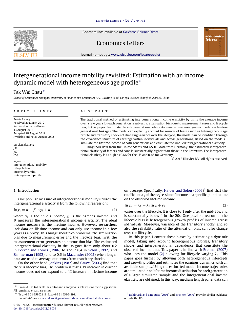 Intergenerational income mobility revisited: Estimation with an income dynamic model with heterogeneous age profile