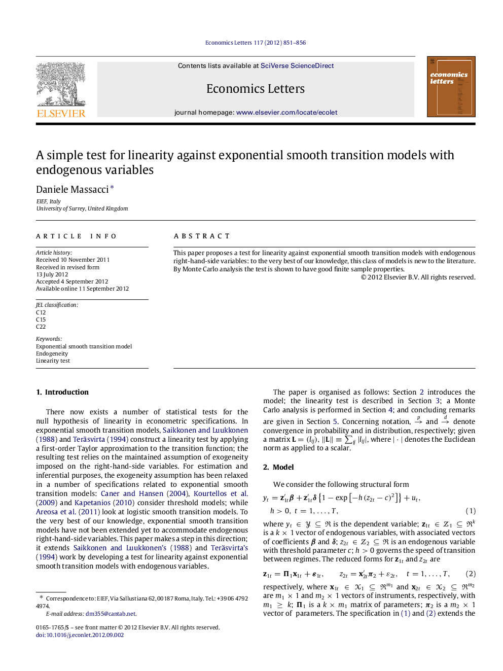 A simple test for linearity against exponential smooth transition models with endogenous variables