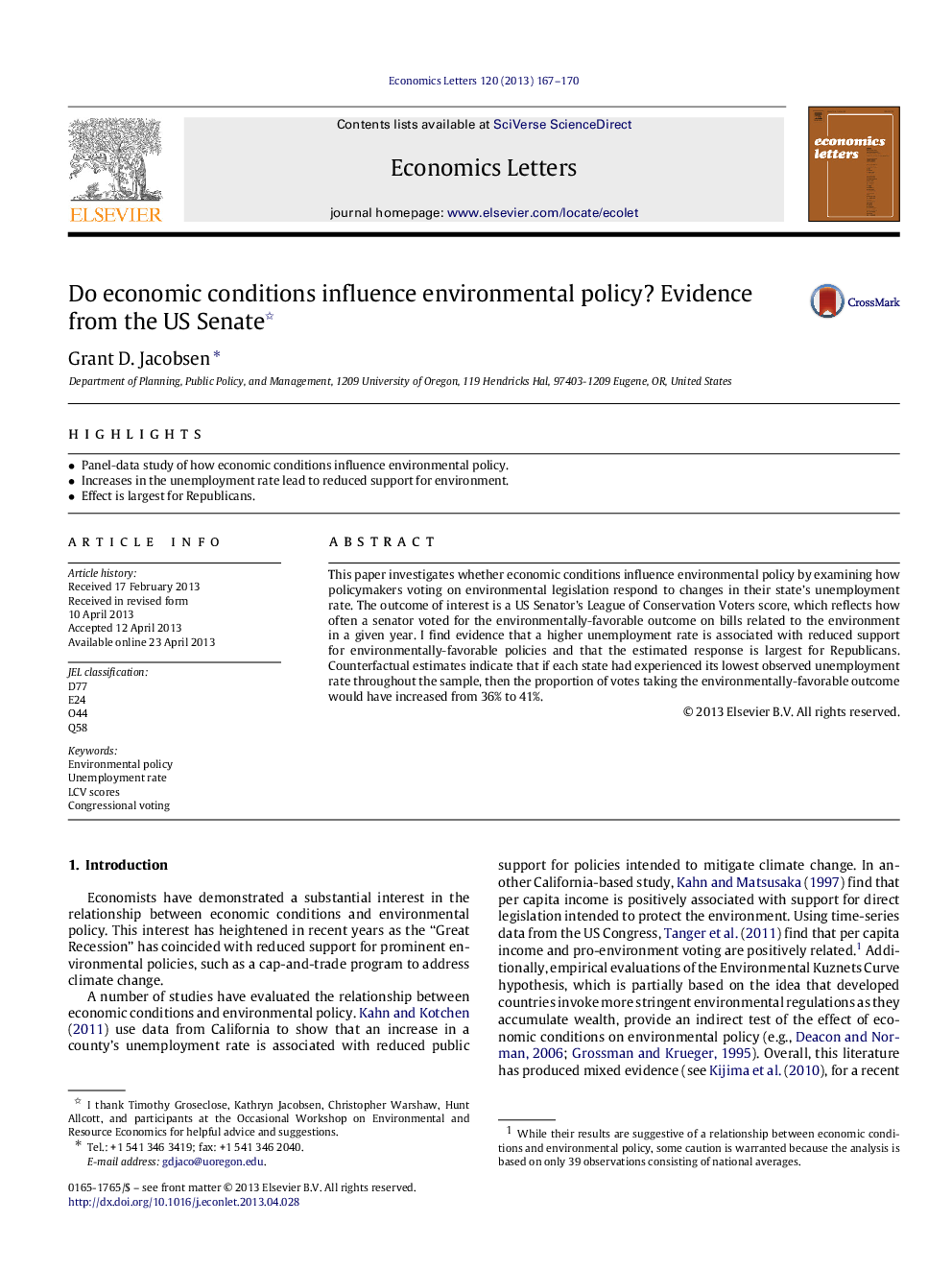 Do economic conditions influence environmental policy? Evidence from the US Senate