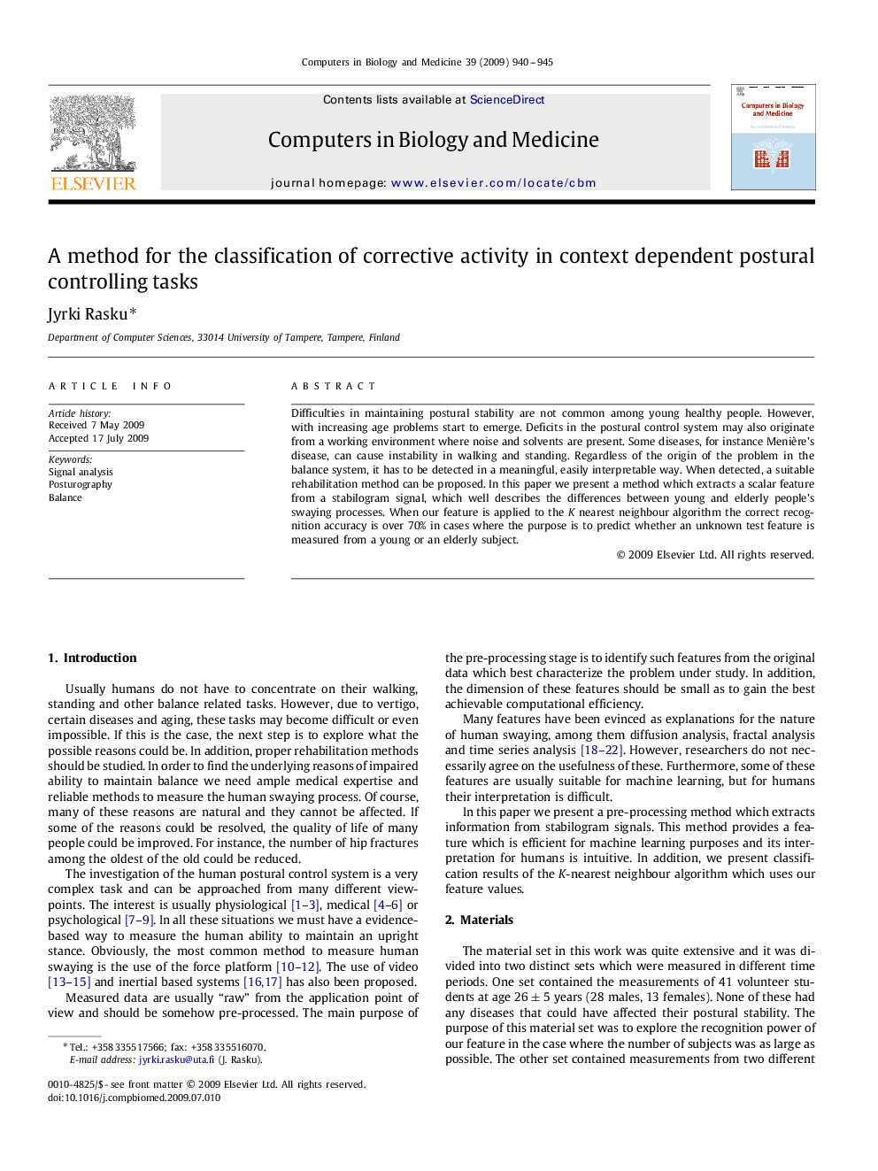 A method for the classification of corrective activity in context dependent postural controlling tasks