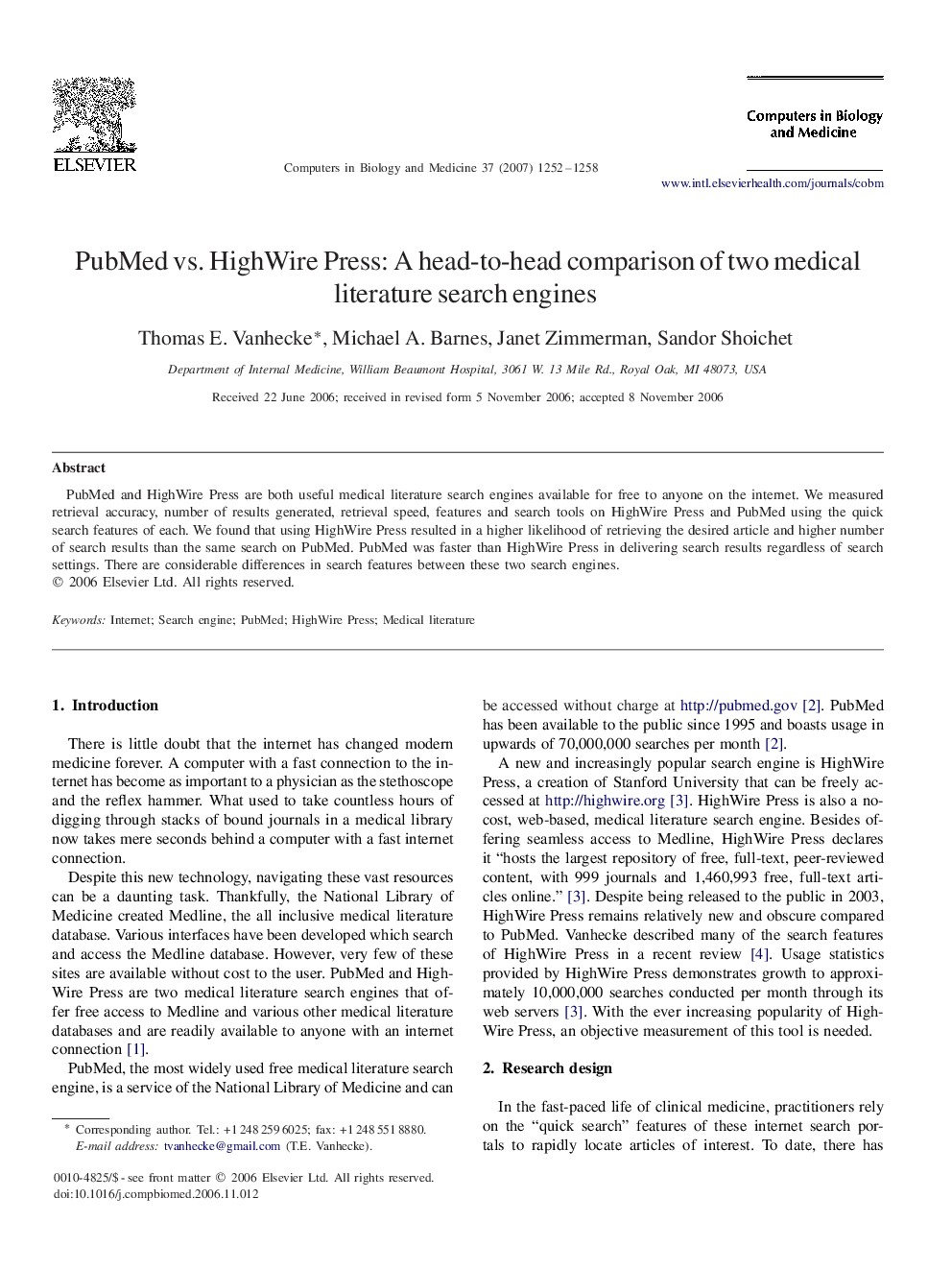 PubMed vs. HighWire Press: A head-to-head comparison of two medical literature search engines