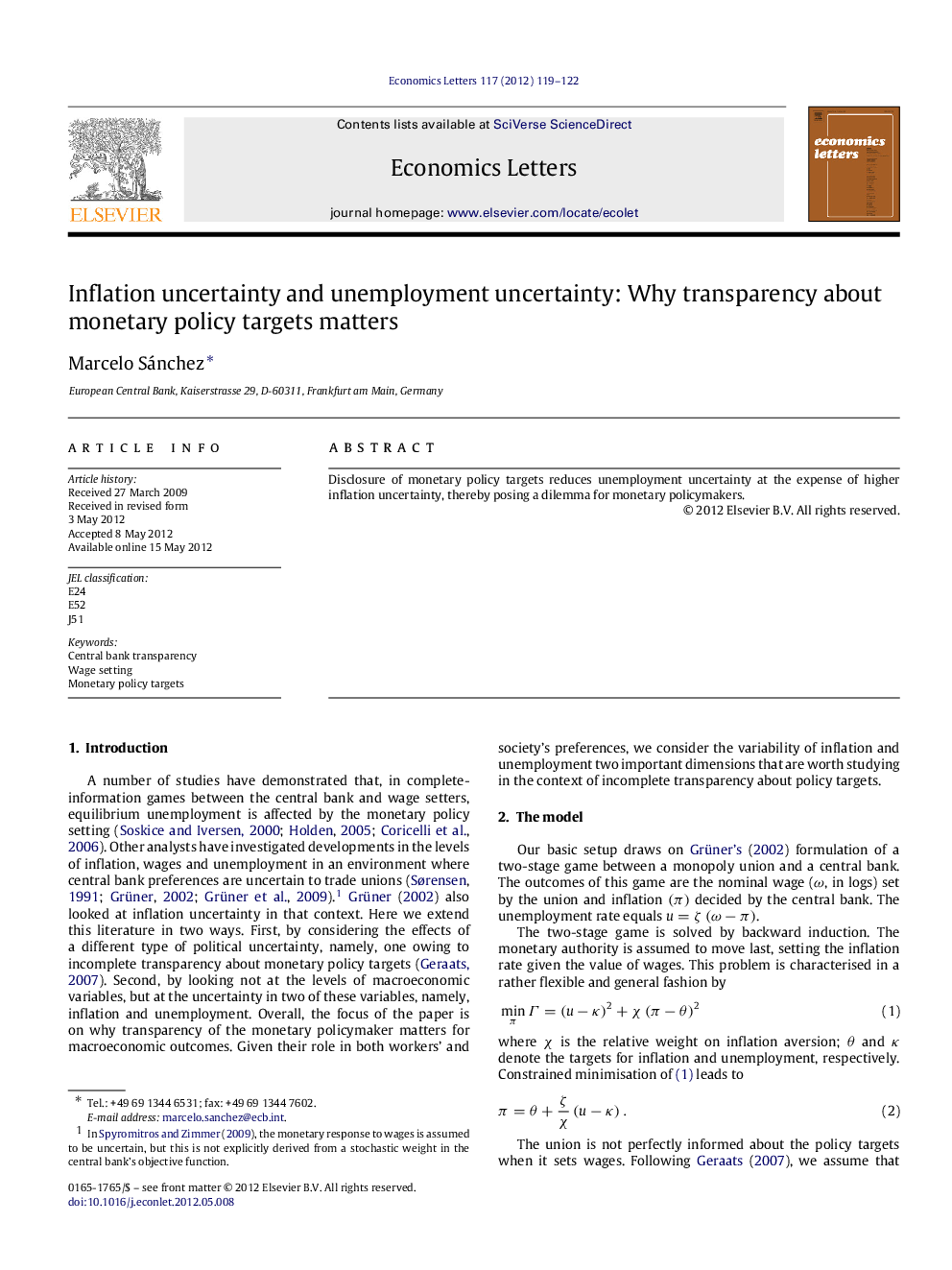 Inflation uncertainty and unemployment uncertainty: Why transparency about monetary policy targets matters