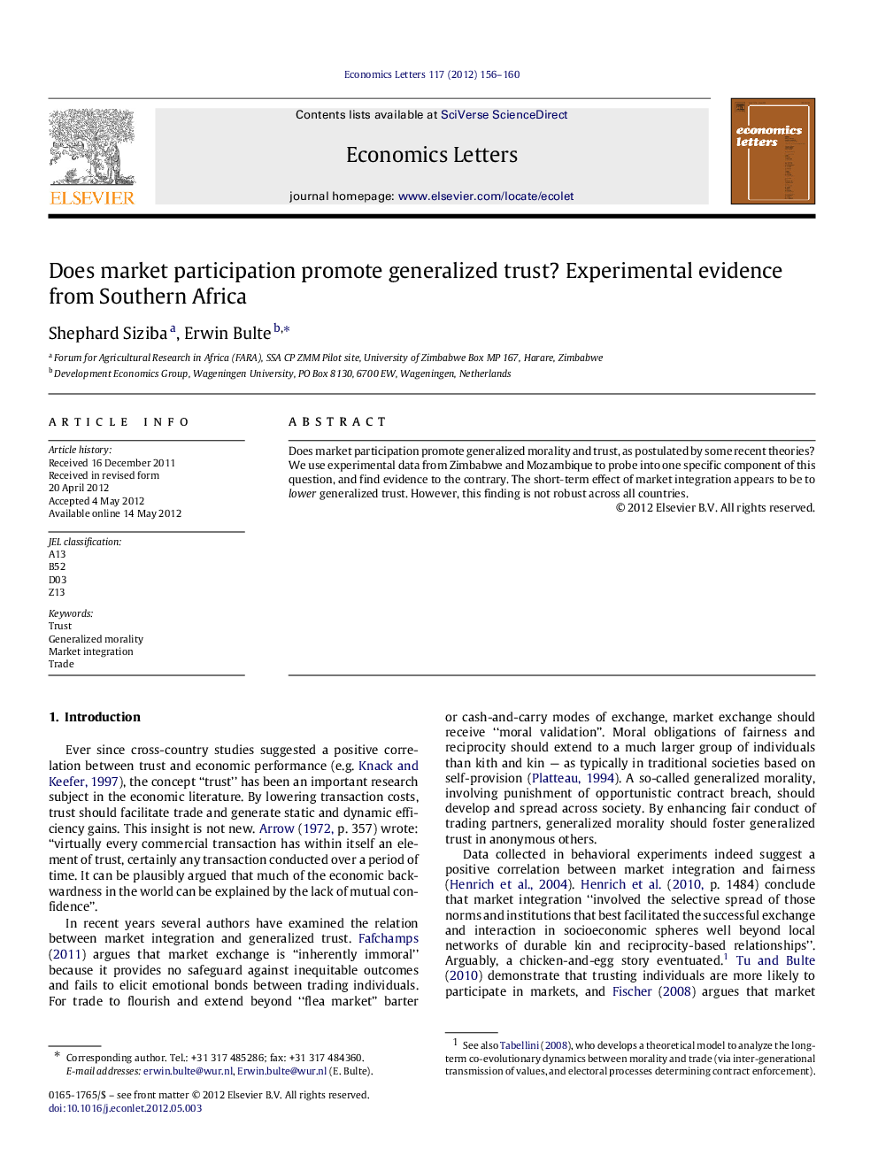 Does market participation promote generalized trust? Experimental evidence from Southern Africa