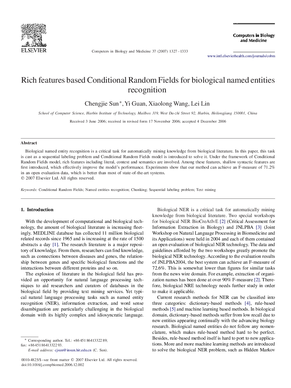 Rich features based Conditional Random Fields for biological named entities recognition