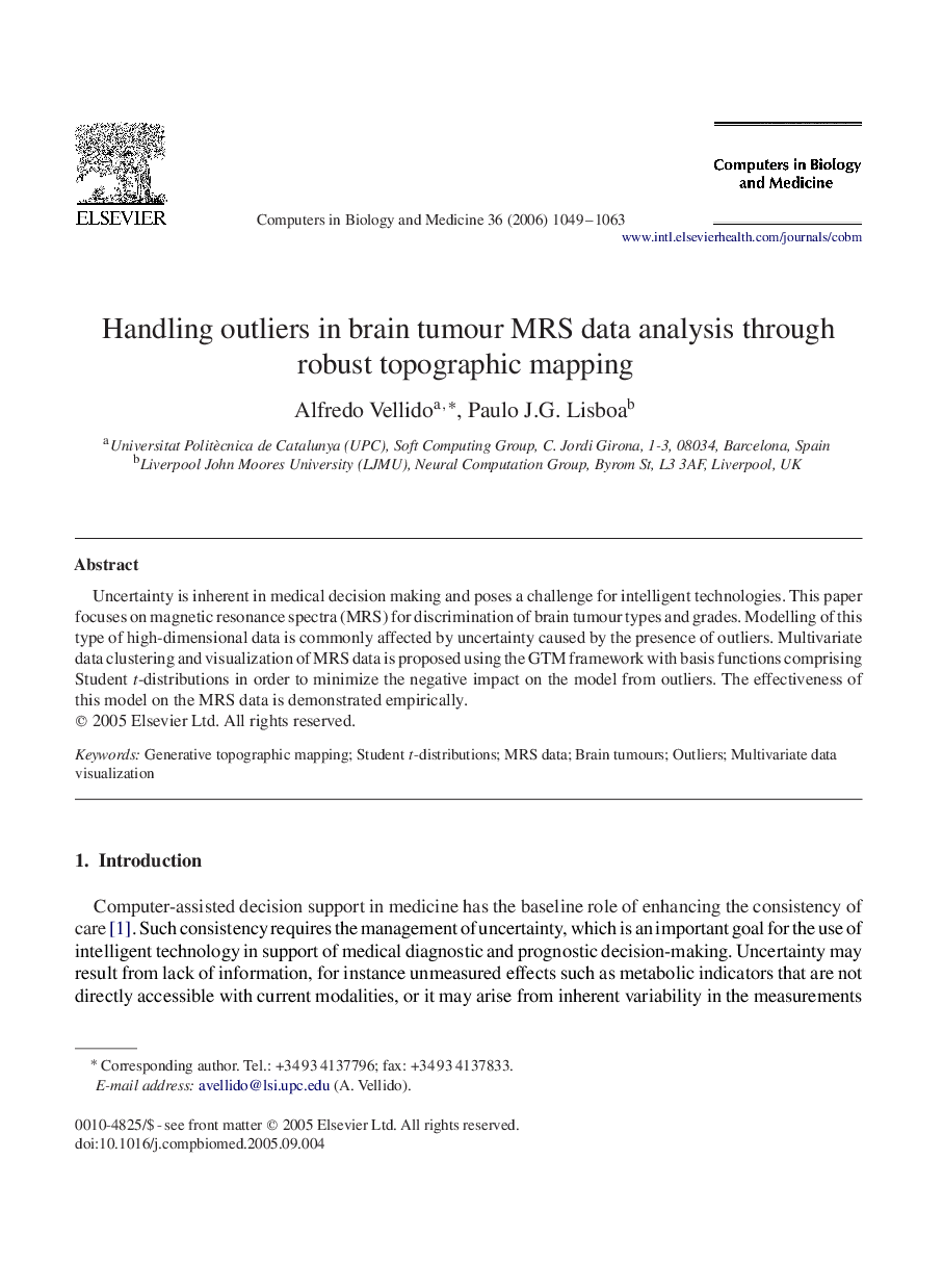 Handling outliers in brain tumour MRS data analysis through robust topographic mapping