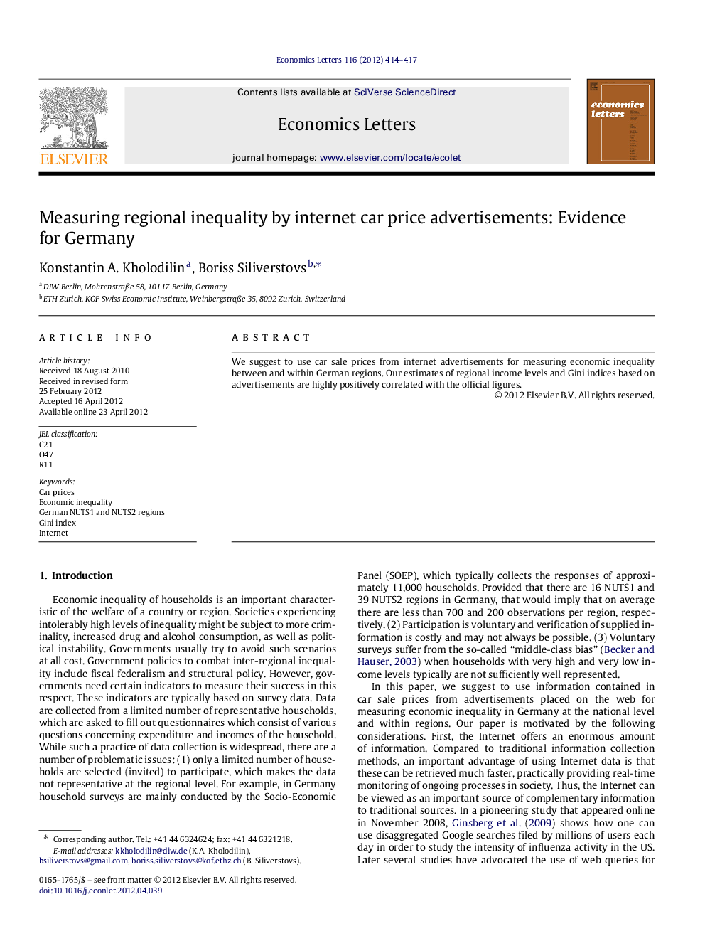 Measuring regional inequality by internet car price advertisements: Evidence for Germany