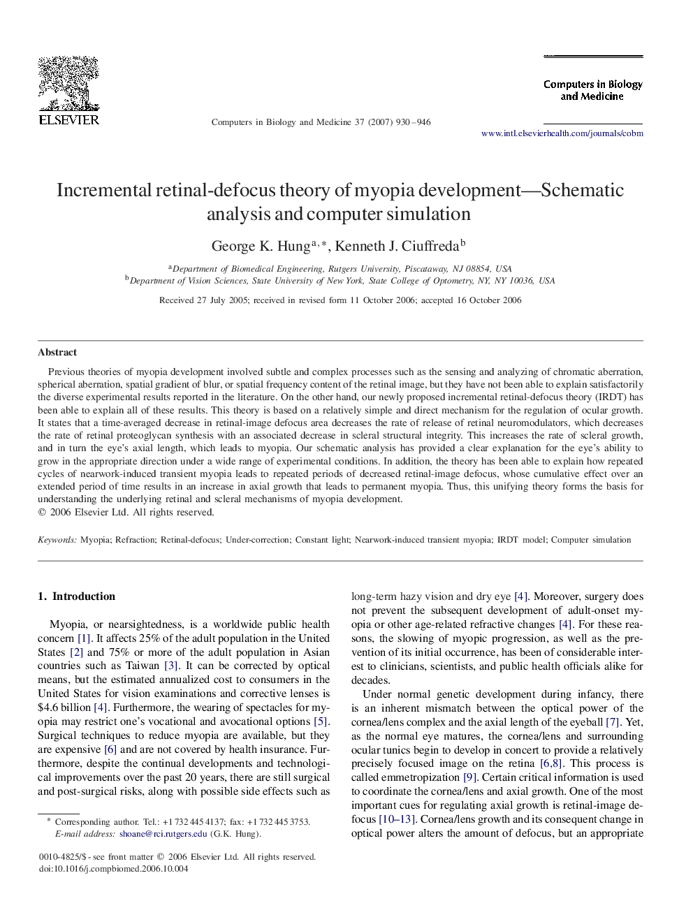 Incremental retinal-defocus theory of myopia development—Schematic analysis and computer simulation