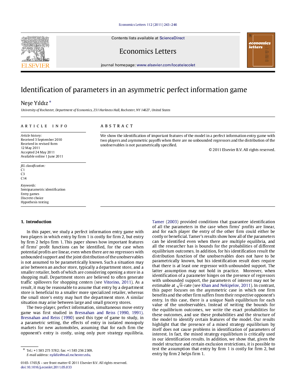 Identification of parameters in an asymmetric perfect information game