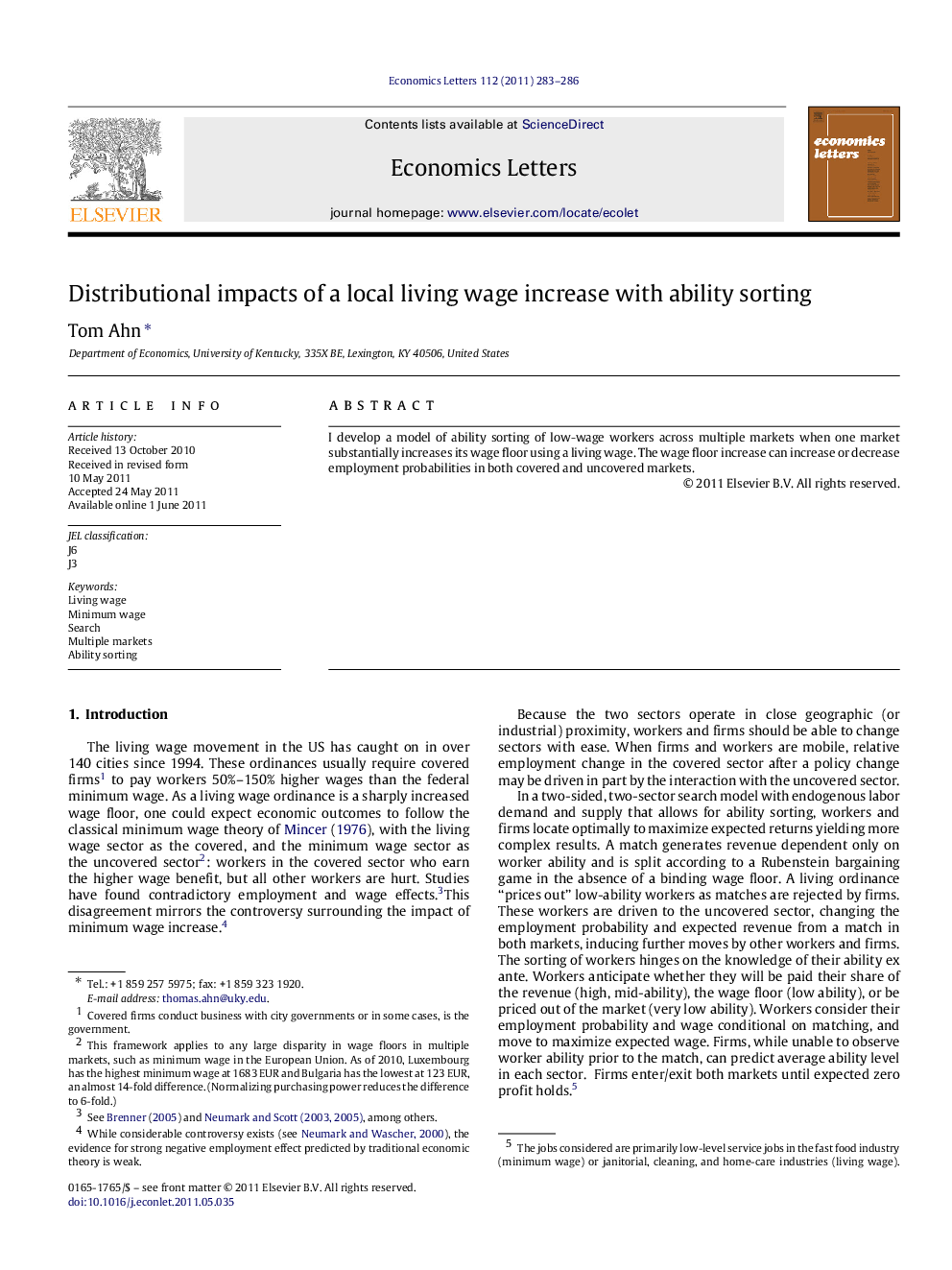 Distributional impacts of a local living wage increase with ability sorting