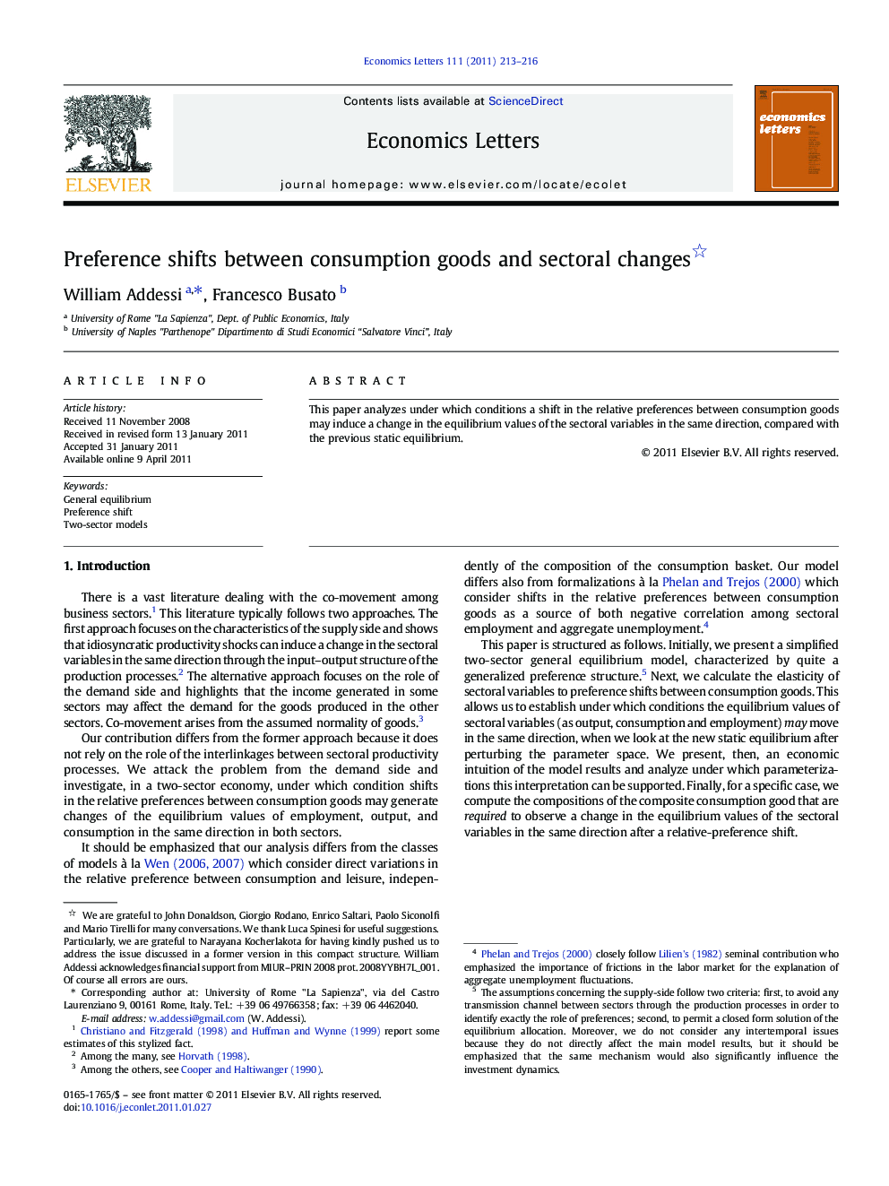 Preference shifts between consumption goods and sectoral changes