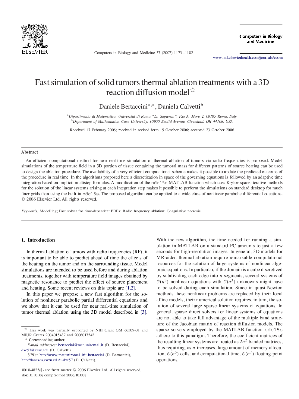 Fast simulation of solid tumors thermal ablation treatments with a 3D reaction diffusion model 