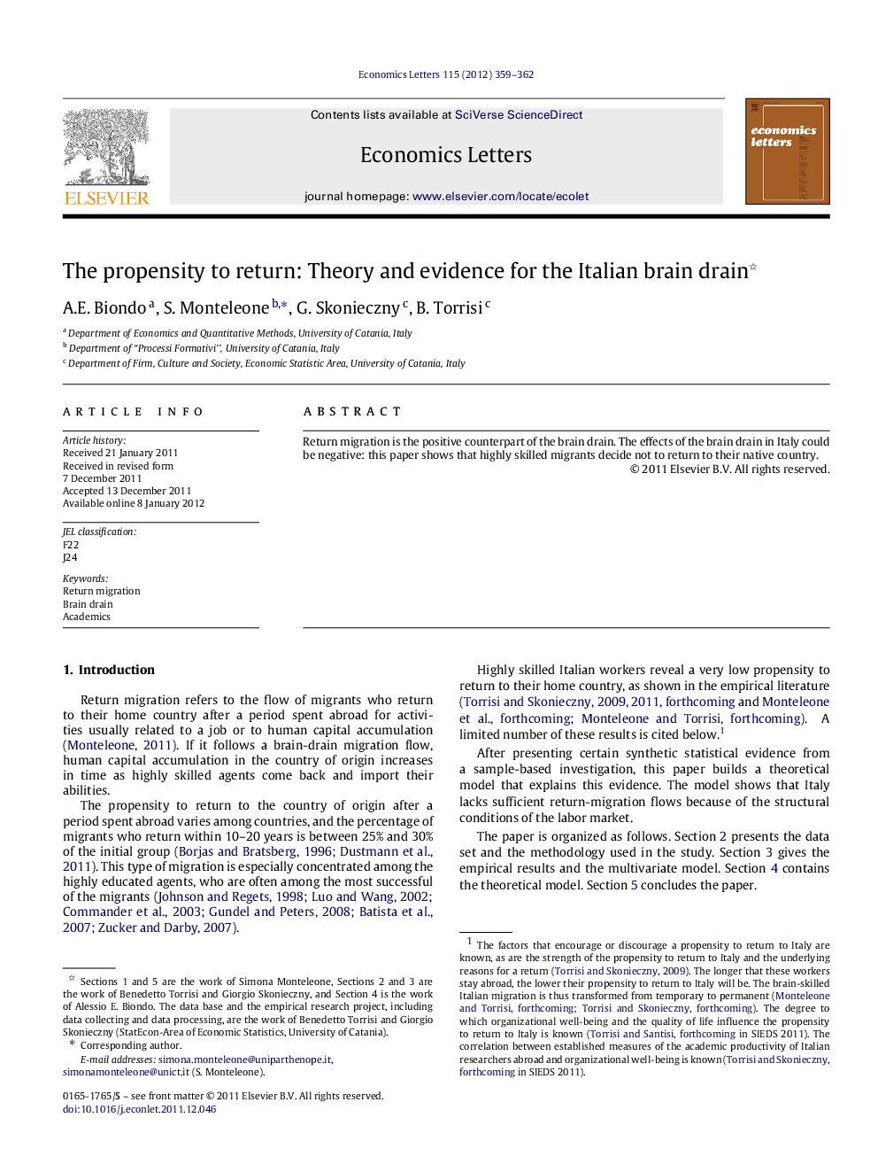 The propensity to return: Theory and evidence for the Italian brain drain