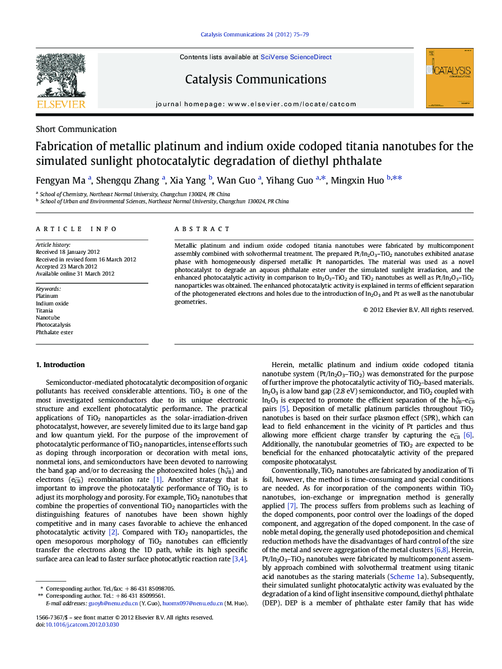 Fabrication of metallic platinum and indium oxide codoped titania nanotubes for the simulated sunlight photocatalytic degradation of diethyl phthalate