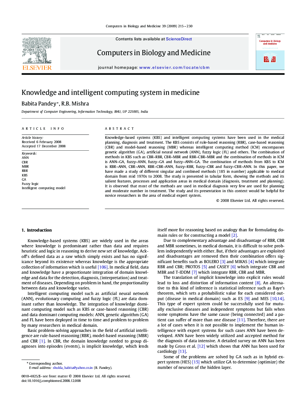 Knowledge and intelligent computing system in medicine