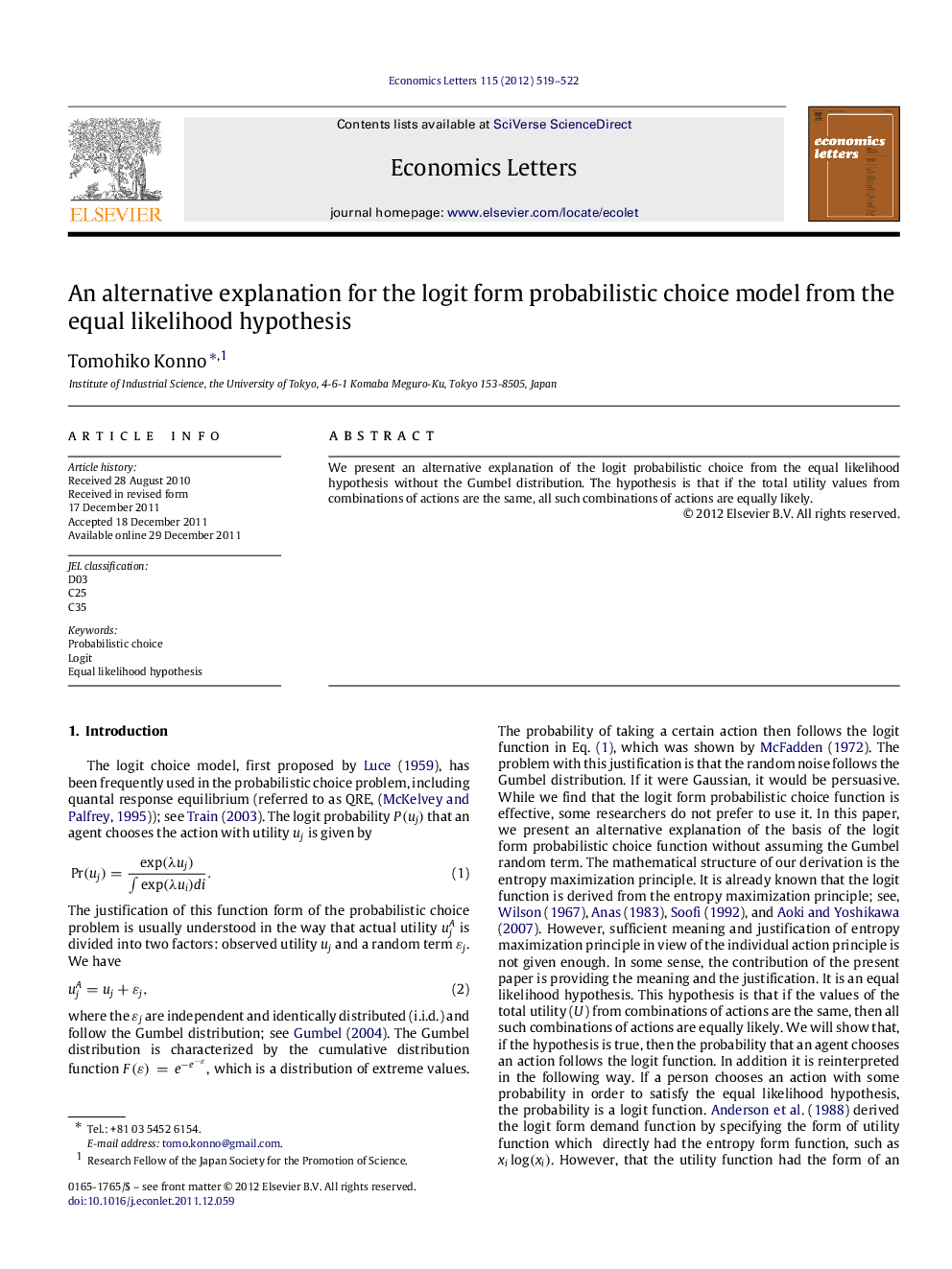 An alternative explanation for the logit form probabilistic choice model from the equal likelihood hypothesis