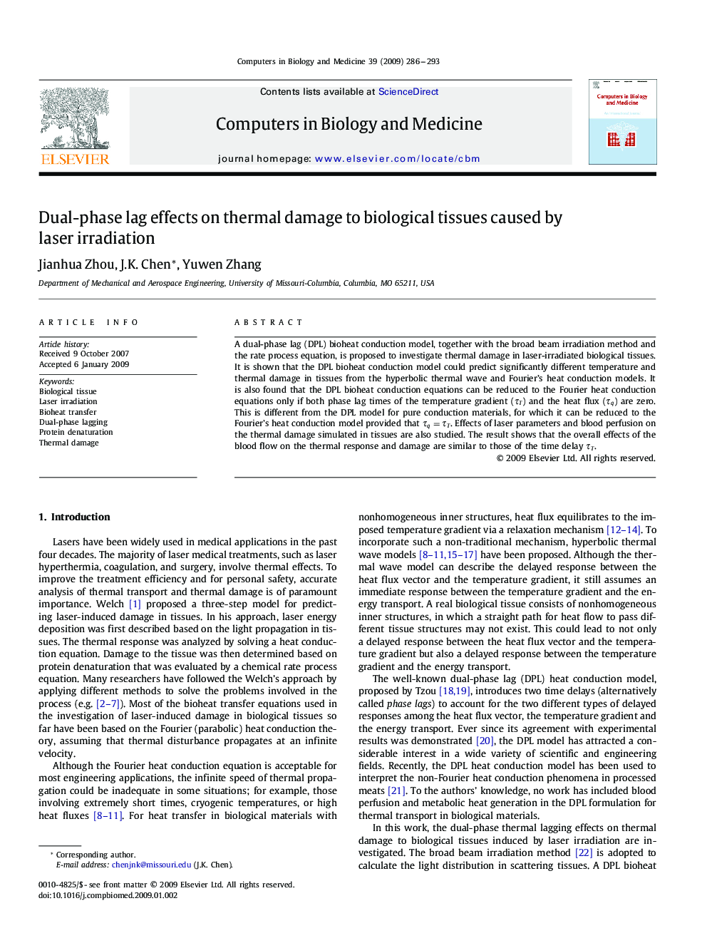 Dual-phase lag effects on thermal damage to biological tissues caused by laser irradiation