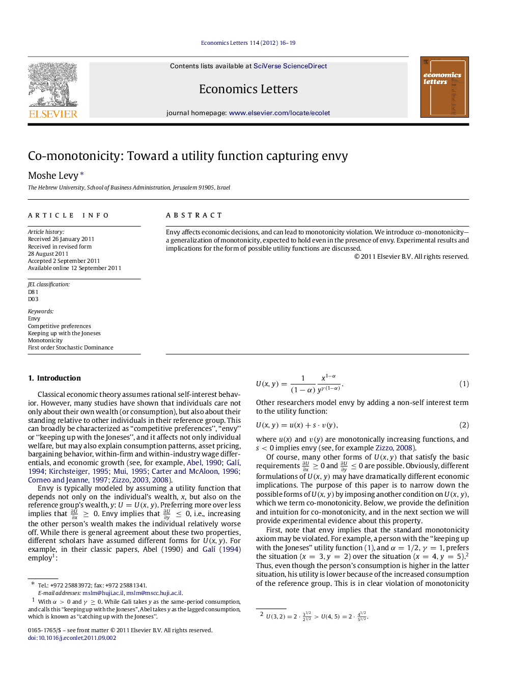 Co-monotonicity: Toward a utility function capturing envy