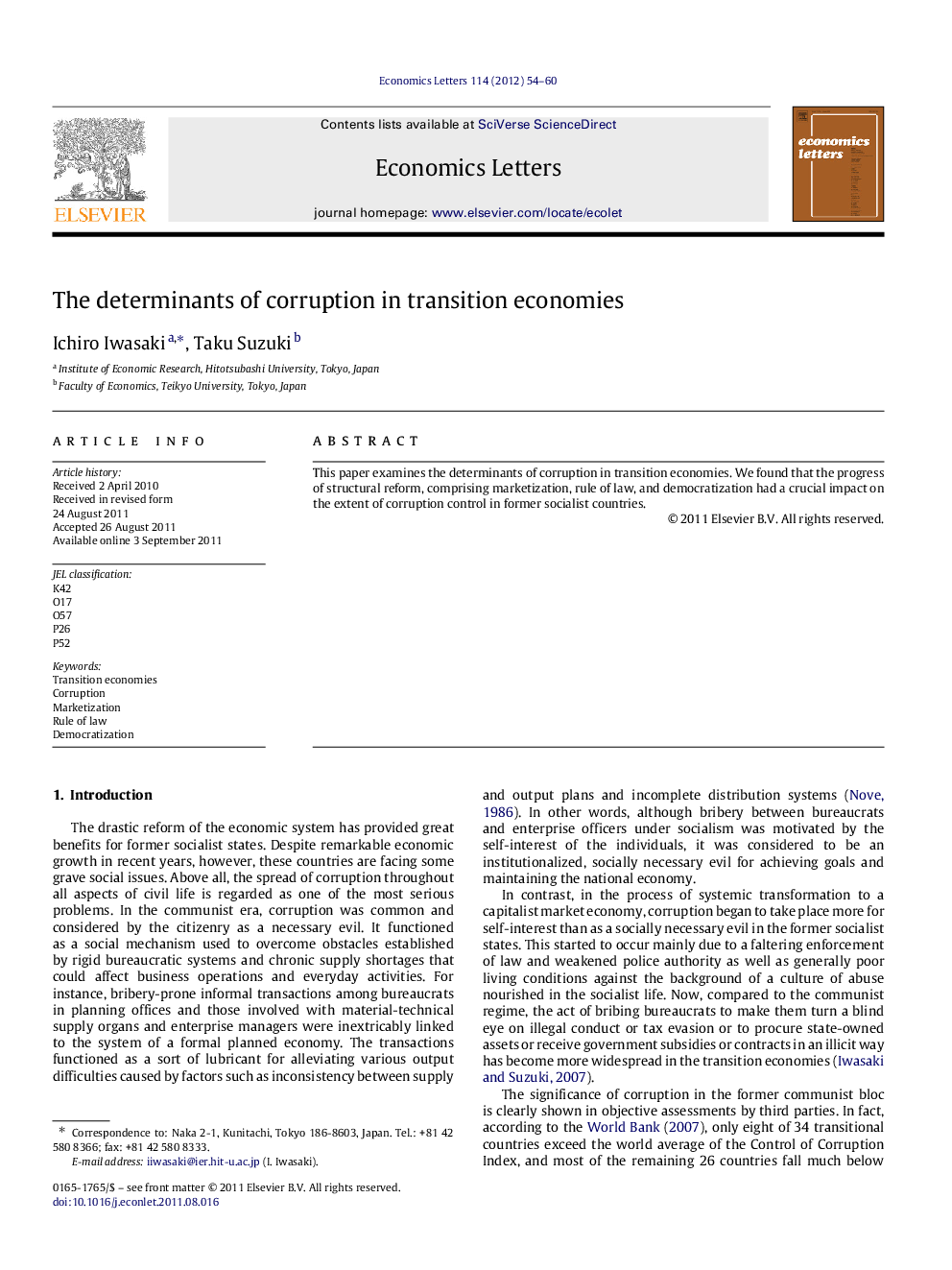 The determinants of corruption in transition economies