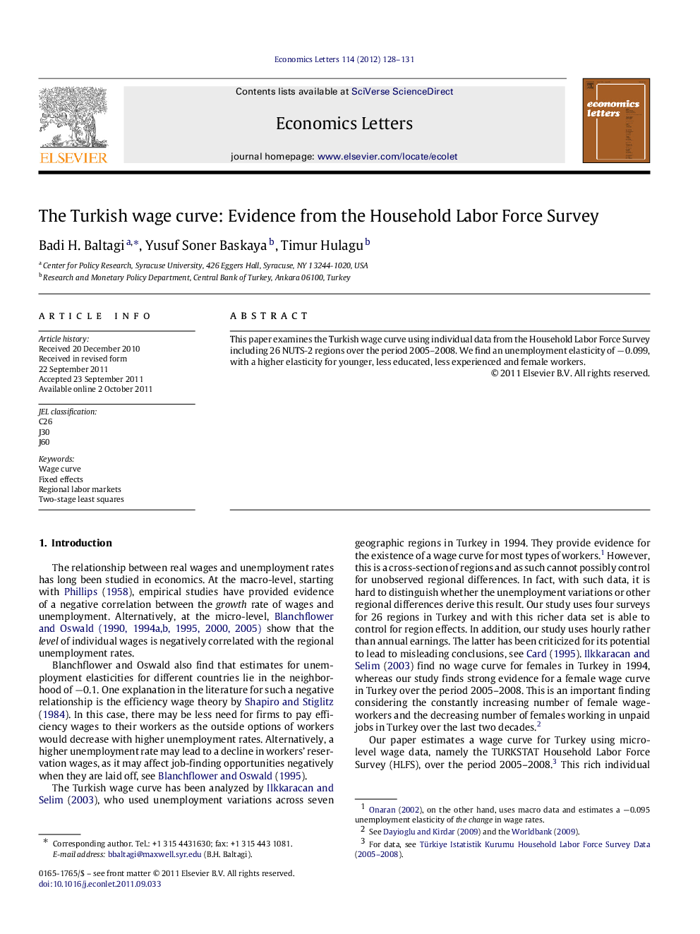 The Turkish wage curve: Evidence from the Household Labor Force Survey