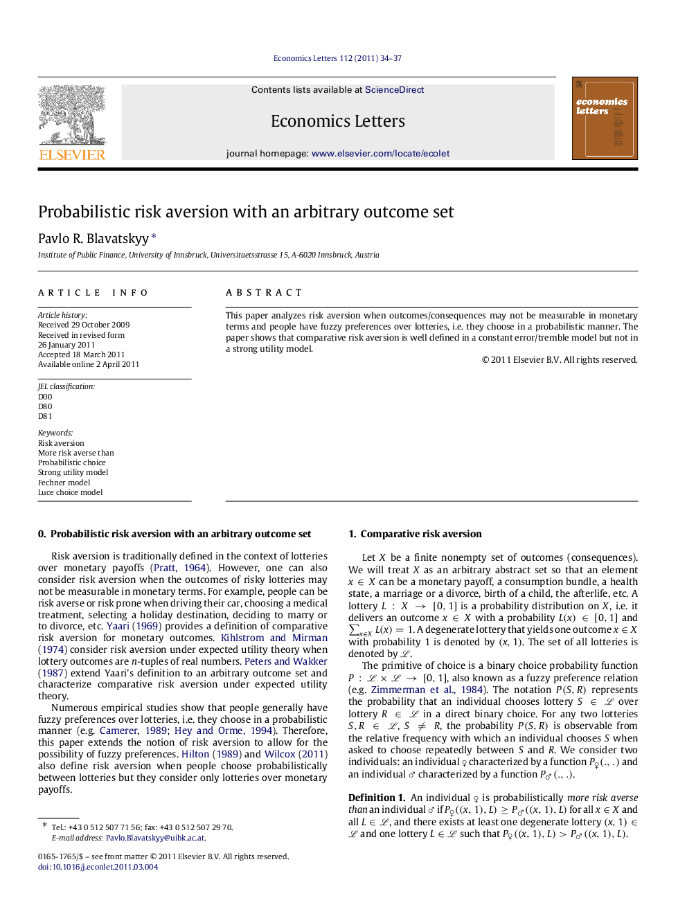 Probabilistic risk aversion with an arbitrary outcome set