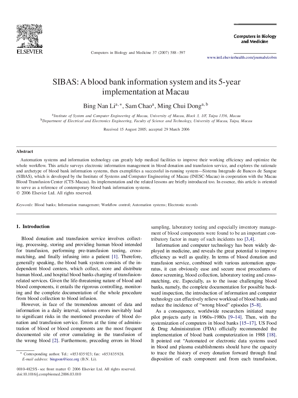 SIBAS: A blood bank information system and its 5-year implementation at Macau